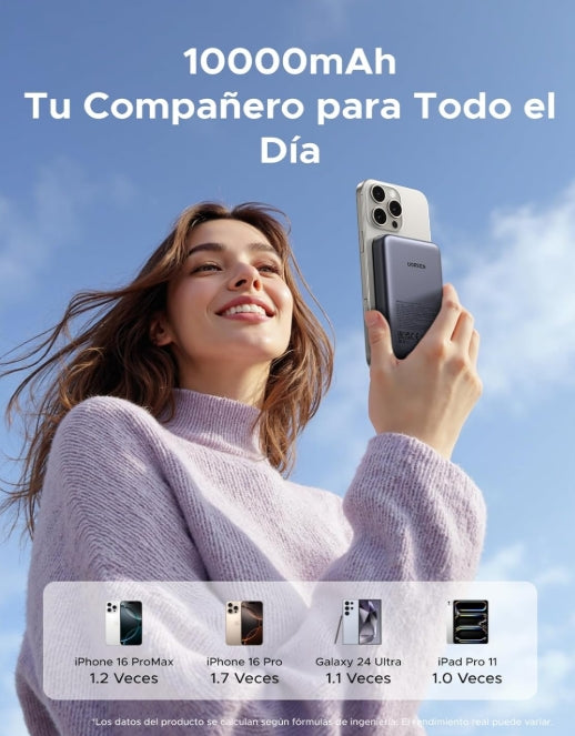 UGREEN 10000mAh Power Bank Inalabrico PD 20W Carga Raida, Cargador USB C Portail Magnaco, Bateria Externa Compatible con iPhone 16/15/14 Serie, Galaxy, Xiaomi, iPad, LG, Negro