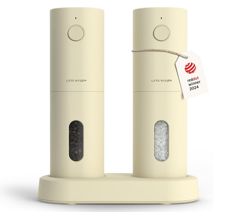 LARS NYSØM – Juego de Molinillo Eléctrico de Sal y Pimienta (USB, recargable, cerámica ajustable, beige almendra)