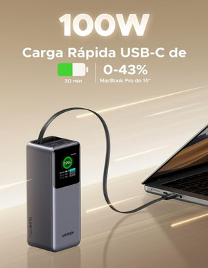 UGREEN Power Bank 20000mAh, 165W Salida Máx Batería Portátil con Retráctil Cable, Cargador Portátil Carga Rápida con Pantalla Digital Compatible con MacBook iPad iPhone 16/15/14 Xiaomi Galaxy