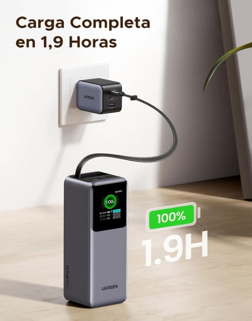 UGREEN Power Bank 20000mAh, 165W Salida Máx Batería Portátil con Retráctil Cable, Cargador Portátil Carga Rápida con Pantalla Digital Compatible con MacBook iPad iPhone 16/15/14 Xiaomi Galaxy