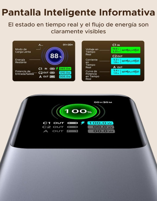 UGREEN Power Bank 20000mAh, 165W Salida Máx Batería Portátil con Retráctil Cable, Cargador Portátil Carga Rápida con Pantalla Digital Compatible con MacBook iPad iPhone 16/15/14 Xiaomi Galaxy