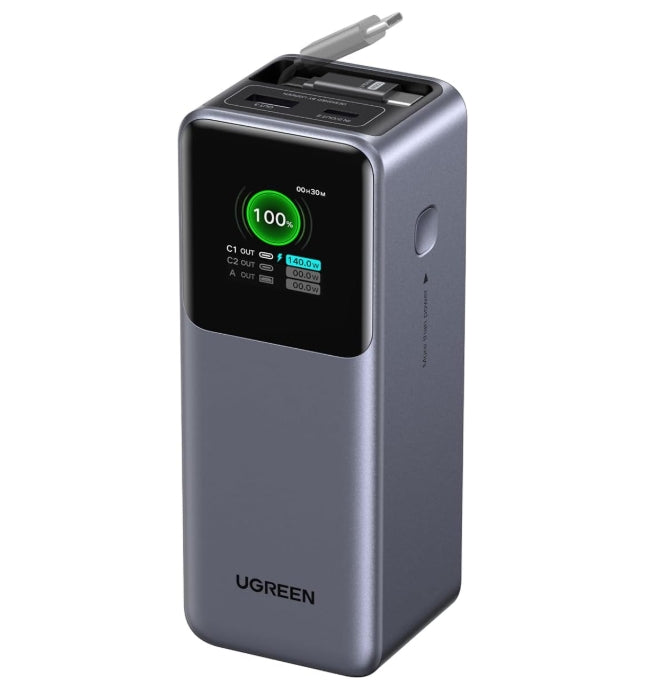 UGREEN Power Bank 20000mAh, 165W Salida Máx Batería Portátil con Retráctil Cable, Cargador Portátil Carga Rápida con Pantalla Digital Compatible con MacBook iPad iPhone 16/15/14 Xiaomi Galaxy