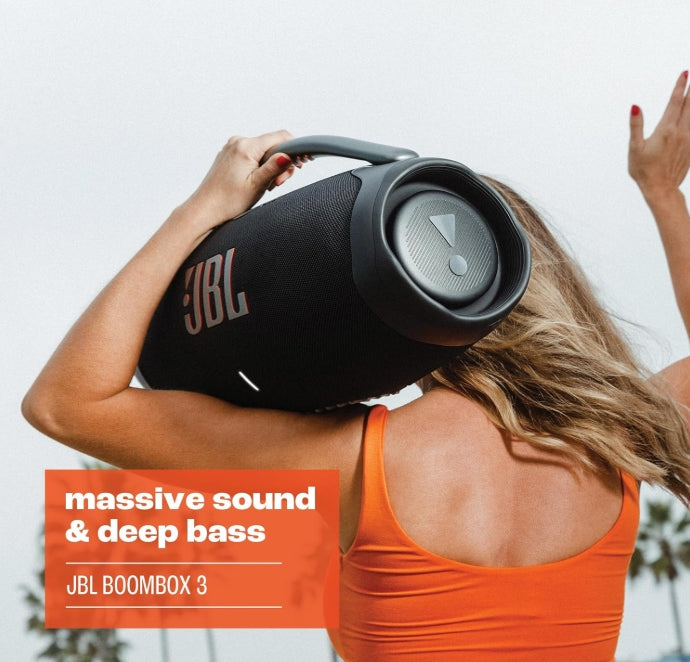 JBL Boombox 3 Bocina Portátil Bluetooth, 180W de Potencia, Reproducción 24 Horas, Resistente al Agua y Polvo IP67 - Negro