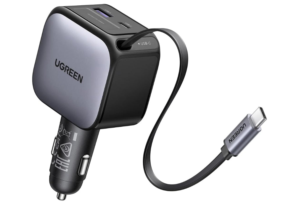 UGREEN 3 en 1 Cargador para Auto 60W con Cable Retráctil USB C, Adaptador de Coche Carga Rápida con Cable Incorporado, Cargador de Carro Compatible con iPhone 16 15 Pro MAX, Pixel, Galaxy S25 Ultra