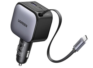 UGREEN 3 en 1 Cargador para Auto 60W con Cable Retráctil USB C, Adaptador de Coche Carga Rápida con Cable Incorporado, Cargador de Carro Compatible con iPhone 16 15 Pro MAX, Pixel, Galaxy S25 Ultra