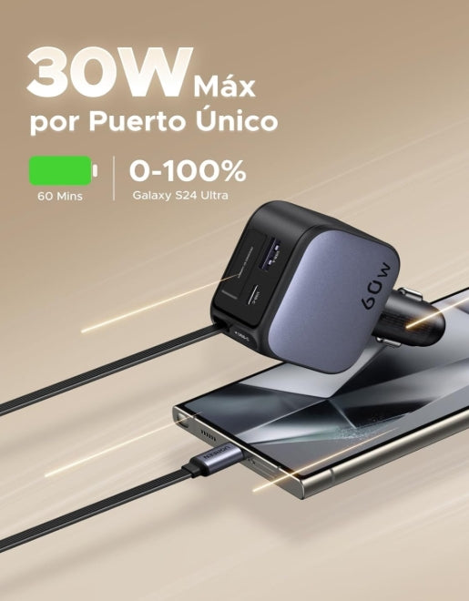 UGREEN 3 en 1 Cargador para Auto 60W con Cable Retráctil USB C, Adaptador de Coche Carga Rápida con Cable Incorporado, Cargador de Carro Compatible con iPhone 16 15 Pro MAX, Pixel, Galaxy S25 Ultra