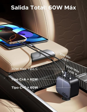 UGREEN 3 en 1 Cargador para Auto 60W con Cable Retráctil USB C, Adaptador de Coche Carga Rápida con Cable Incorporado, Cargador de Carro Compatible con iPhone 16 15 Pro MAX, Pixel, Galaxy S25 Ultra