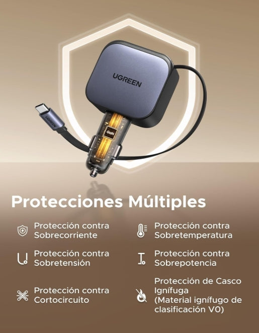 UGREEN 3 en 1 Cargador para Auto 60W con Cable Retráctil USB C, Adaptador de Coche Carga Rápida con Cable Incorporado, Cargador de Carro Compatible con iPhone 16 15 Pro MAX, Pixel, Galaxy S25 Ultra