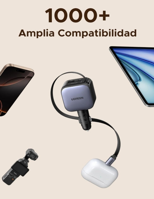 UGREEN 3 en 1 Cargador para Auto 60W con Cable Retráctil USB C, Adaptador de Coche Carga Rápida con Cable Incorporado, Cargador de Carro Compatible con iPhone 16 15 Pro MAX, Pixel, Galaxy S25 Ultra