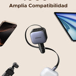 UGREEN 3 en 1 Cargador para Auto 60W con Cable Retráctil USB C, Adaptador de Coche Carga Rápida con Cable Incorporado, Cargador de Carro Compatible con iPhone 16 15 Pro MAX, Pixel, Galaxy S25 Ultra