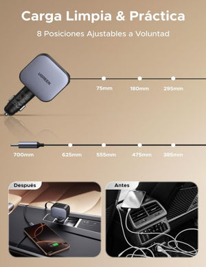 UGREEN 3 en 1 Cargador para Auto 60W con Cable Retráctil USB C, Adaptador de Coche Carga Rápida con Cable Incorporado, Cargador de Carro Compatible con iPhone 16 15 Pro MAX, Pixel, Galaxy S25 Ultra